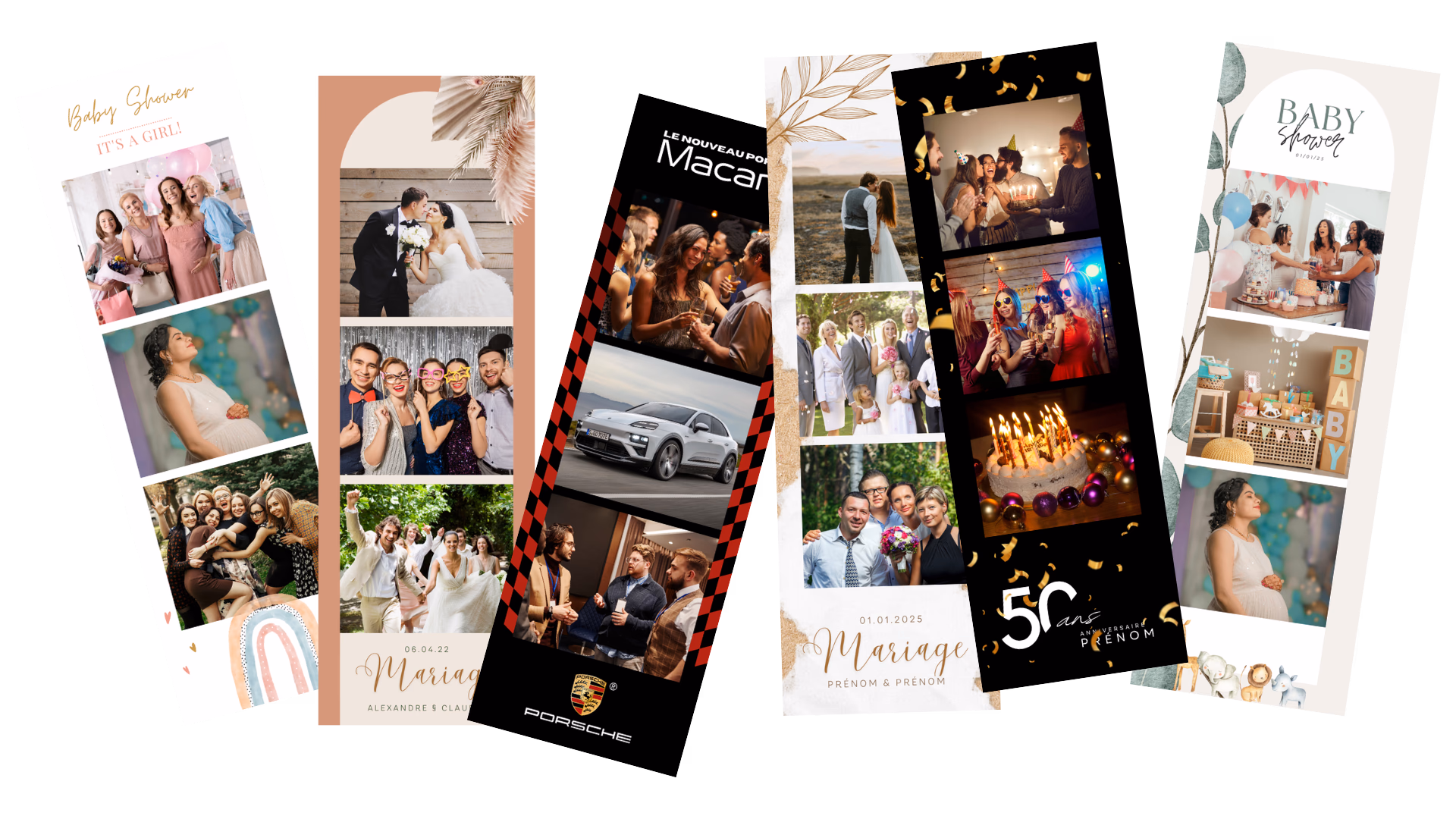 Exemples de cadres photo personnalisés pour Photobooth mariage, anniversaire, baby shower et entreprise
